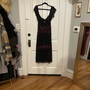 NWOT Adriana Pappell Black and Red Floral Beaded Midi Dress